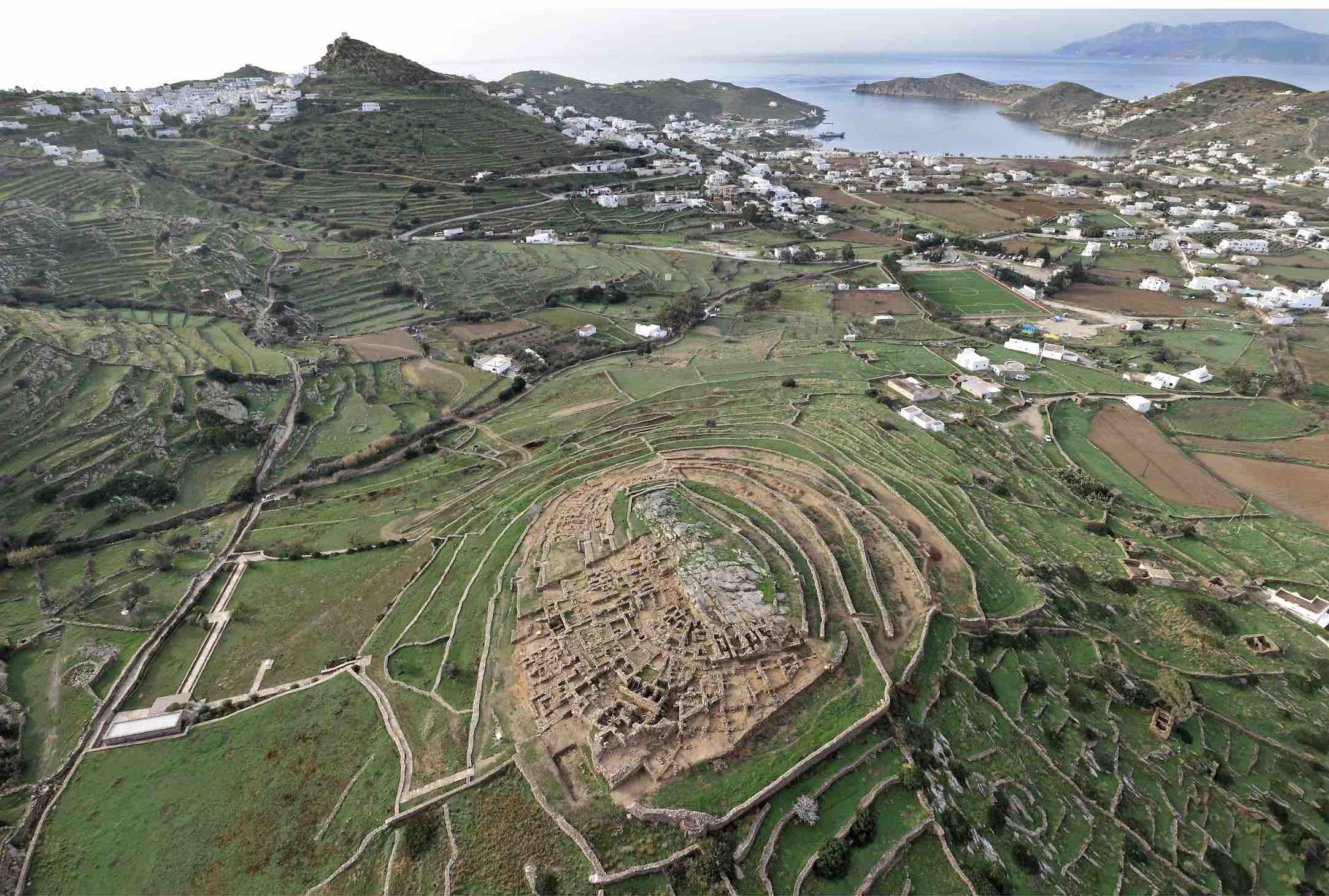 Aerial shot of The Early Cycladic Site at Skarkos on the Island of Ios