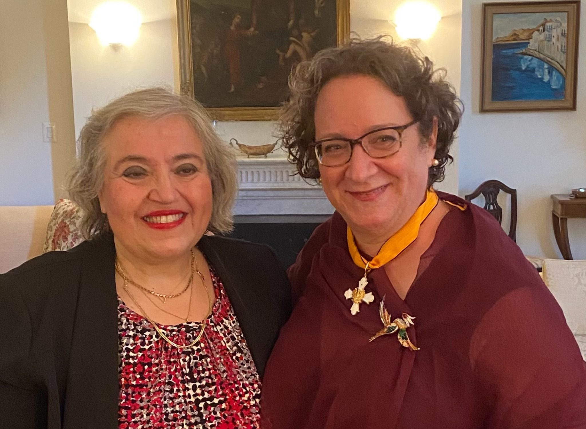 Image of Sharon Gerstel and Ambassador Papadopoulou as UCLA SNF Hellenic Center Director Sharon Gerstel receives one of Greece's highest honors, Commander of the Order of the Phoenix