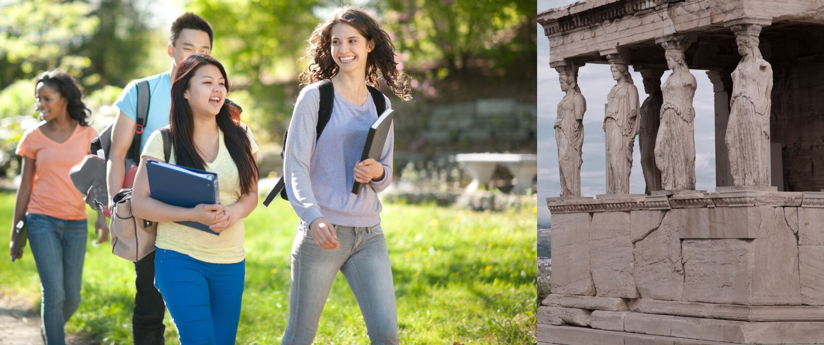 Students on campus walking and a greek temple