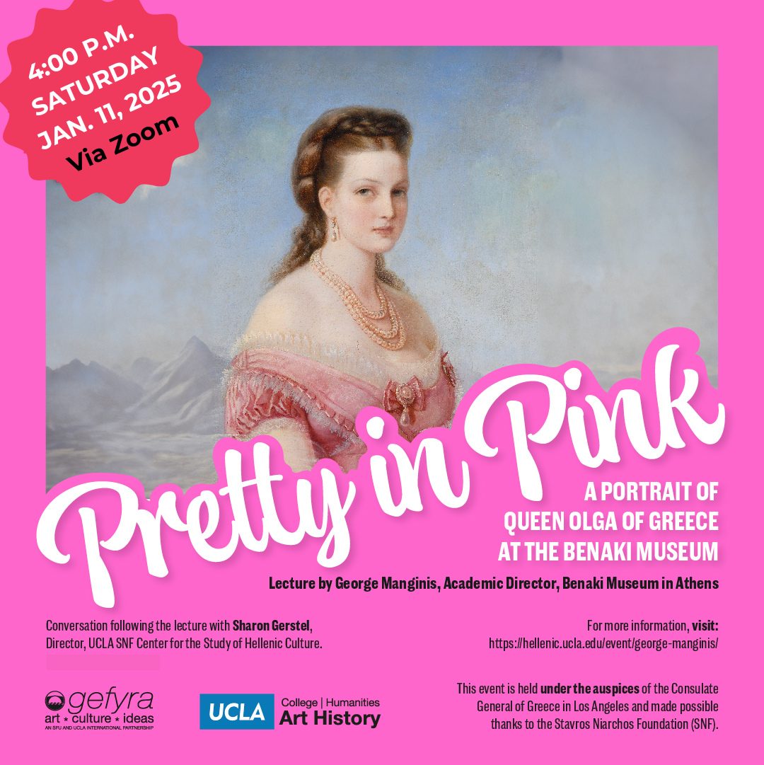 Flyer for Pretty in Pink Zoom lecture on Queen Olga of Greece