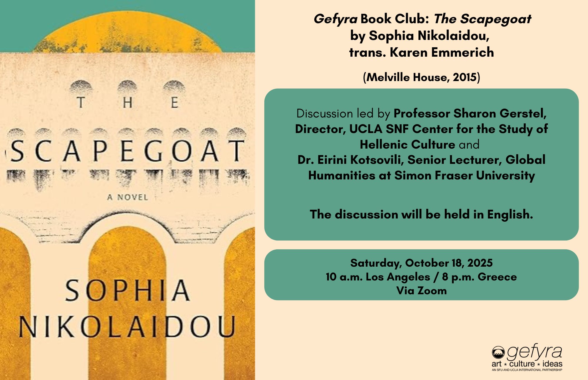 Flyer for The Scapegoat by Sophia Nikolaidou book discussion