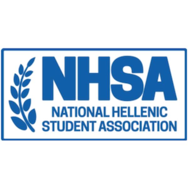 National Hellenic Student Association logo: blue text reading "NHSA / National Hellenic Student Association" beside a stylized olive branch, inside a blue rectangular border.